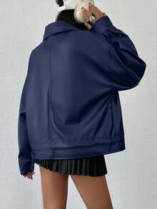 EURMUSE PU Leather Stylish Hidden-Fly Detailed Women's Jacket - Navy Blue - View 2