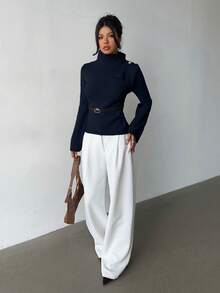 Elenzga Khaki Elegant Flared Sleeve Niche Design Collar, Paired With Brown Metal Fashionable Belt, Women Sweater For Autumn/Winter - Blue - View 5