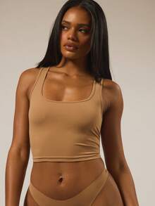 MUSERA ESSENTIALS Square Neck Snatched Tank Top Autumn Lounge Winter Holidays Fall Cosy Everyday Essential Spring Summer - Camel - View 2