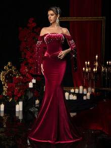 Glamrae Women's Burgundy Luxury Velvet Dress,Handcrafted Pearl Embellishments,Off-The-Shoulder Long Open Sleeves,Fishtail Hem With Train Evening Gown,Party - Burgundy - View 8