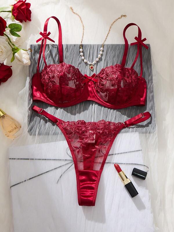 2 piezas Conjunto de lencería sexy con bordado floral romántico en color púrpura para mujeres