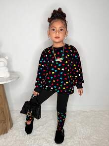 2pcs/Set Girls Loose Fit Full Print Sweatshirt + Knit Leggings, Casual Everyday Versatile Outfit - Black - View 5