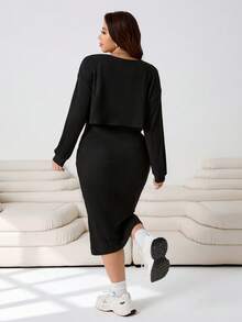 SHEIN EZwear Ensemble 2 pièces top à manches longues et jupe de couleur unie minimaliste grande taille, tenue de tous les jours