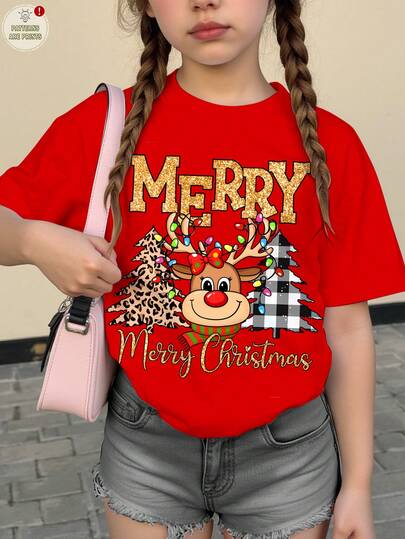 Tween Girls' Casual Christmas Cute Cartoon Deer Plaid Leopard Christmas Tree Print Short Sleeve Round Neck T-Shirt, Suitable For Summer Casual Round Neck Graphicprint Shor Sleeve For Teen Girls Red Tops For Teen Girls Kids Red Graphic Tees