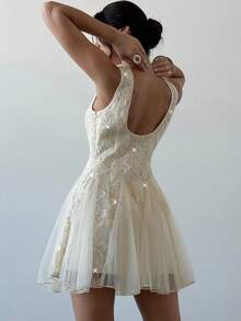 Firerie Women's Floral Textured Round Neck Sleeveless Elegant Contrast Mesh Dress,Mother's Day,Patchwork Tulle Dress, Princess Dress, Birthday Dress, Party Dress, Wedding Season, White Dress Embroidered Dress,Graduation,Prom,Country,Summer Dresses For Women - Apricot - View 7