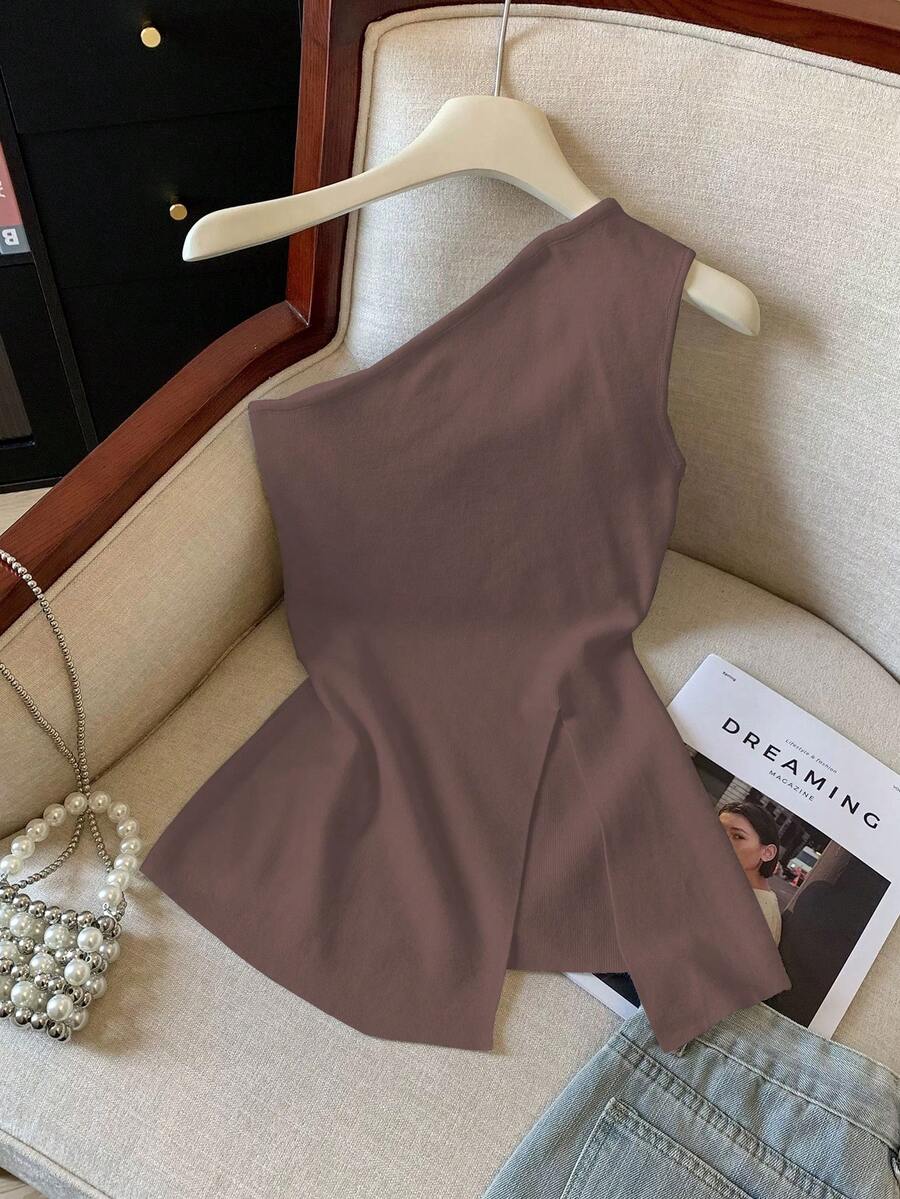 GlowEve Áo crop top không tay Y2K trơn màu xẻ tà bên hông dành cho nữ - Rỉ Nâu - Xem 1