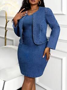 Slaydiva 大码女式时尚纯色长袖修身牛仔夹克 + 连衣裙两件套 - 中等水洗藍 - 查看 4