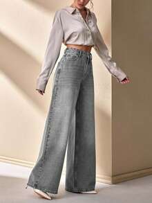 CLARA VERO Woman Low Waist Loose Wide Leg Casual Denim Jean - Grey - View 5