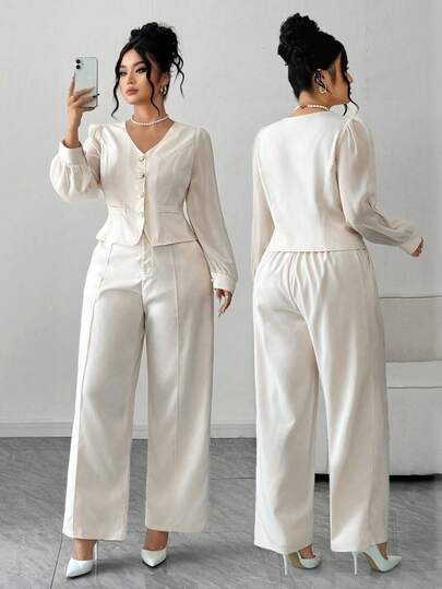 Elenzga Conjunto elegante de 2 piezas de talla grande para mujer con blusa de manga larga de chifón con parches y cuello en V, y pantalones de pierna ancha