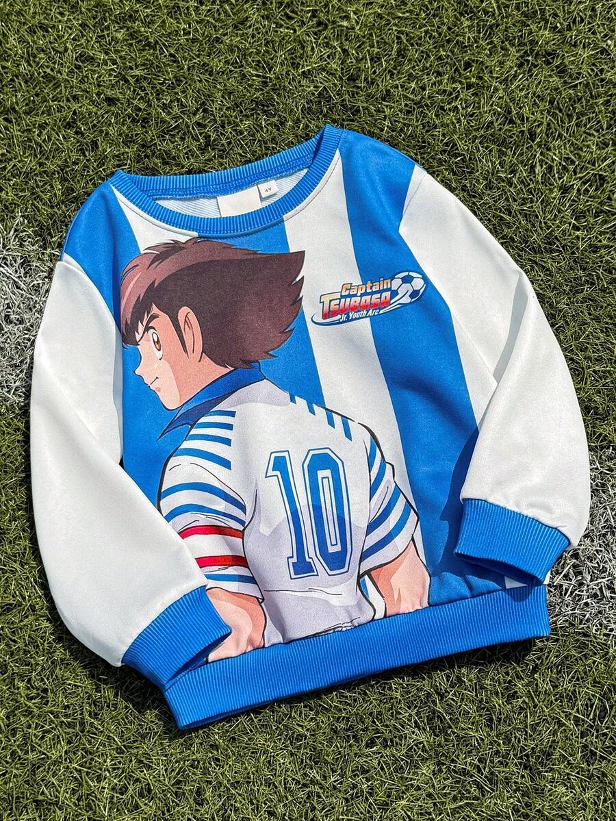Captain Tsubasa X SHEIN 小男孩超大卡通图案圆领长袖针织运动衫,街头户外 - 藍色 - 查看 1