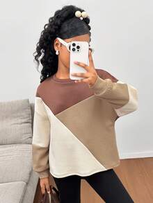 SHEIN 青少年女孩寬鬆休閒極簡舒適拼色圓領套頭衛衣 秋冬款 - 棕色 - 查看 1