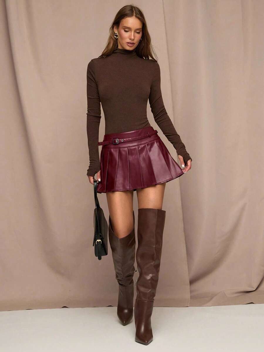 SHEIN BAE 女士时尚性感腰部褶皱迷你裙 - 酒紅色 - 查看 1