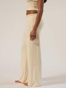 MUSERA ESSENTIALS Elastic Waist Detail Straight Leg Soft Rib Trousers Autumn Winter Fall Underwear Everyday Cosy Lounge Essential Spring Summer Vacation Holiday - Apricot - View 3