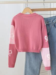 SHEIN Sparklyn Autumn/Winter Cute & Playful Pink & White Contrast Heart Pattern Crew Neck Cropped Long Sleeve Sweater, Versatile Thick Pullover For Girls, Suitable For Daily Casual, Hanging Out, School And Gatherings Girl Knit Sweater Girls Autumn Winter Clothes Long Sleeve Knit Top Teen Girl Knitwear Bow Sweater Kids Sweaters For Girls Bow Graphic Knit Sweater Long Sleeve Knitwear Autumn And Winter Clothes