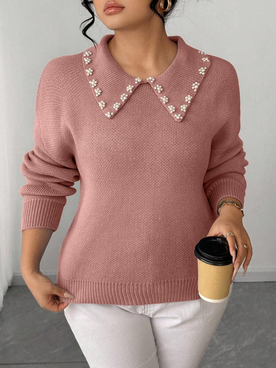 SHEIN Elenzya 女士珍珠领纯色简约套头毛衣 - 粉色 - 查看 1