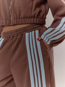 MUSERA 阔腿针织撞色细节运动裤，适合日常穿着，舒适百搭，秋冬季蓝色和棕色 - 彩色 - 查看 6