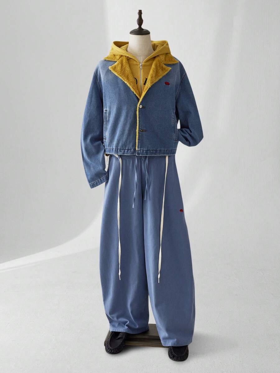 ESTAVOR 男士时尚保暖牛仔夹克，秋季必备 - 藍色 - 查看 1