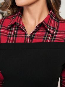Gownix Plus Size Women's Black And Red Plaid Patchwork Shirt&Pants 2 Pieces Set,Chic Autumn Office Back-To-School Elegant Christmas New Year Party Clothes - Multicolor - View 9