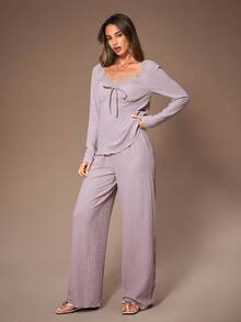 Lazeform Conjunto de pijama casual de mujer de 2 piezas con parches de encaje y punto, conjunto de ropa de estar en casa con top de manga larga y pantalones, ropa de invierno