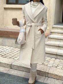 SHEIN EZwear 女士冬季感恩节外套，休闲百搭白色大衣，秋冬季 - 白色 - 查看 8