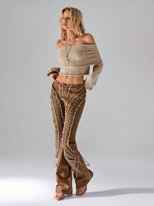 TRNVIE Quần Jeans Denim Dây Chéo Cổ Điển Cho Nữ - màu nâu - Xem 4