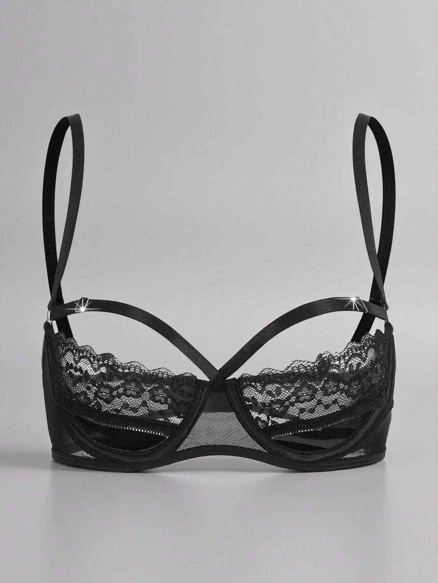 女士撞色蕾丝透视钢圈聚拢文胸