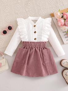 2pcs/Set Young Girls Textured Long Sleeve Ruffle Jacket And Pink Skirt Outfit - Multicolor - View 3