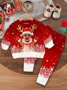 SHEIN 女婴可爱搞笑卡通圣诞驯鹿扎染雪花圣诞红喜庆休闲柔软厚圆领长袖运动衫和紧身裤套装，适合秋冬季 - 彩色 - 查看 2