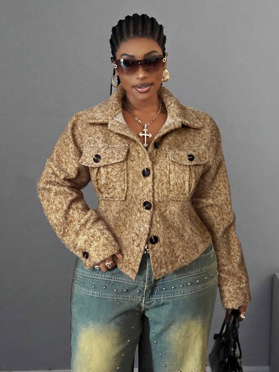 Maweii Áo khoác ngắn đơn hàng thường ngày cỡ lớn dành cho nữ, thiết kế thanh lịch - Màu be - Xem 1