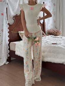 CottageSlumber V-Neck Back Short Sleeve + Ditsy Floral Long Pants Jacquard Pajama Set - Multicolor - View 4