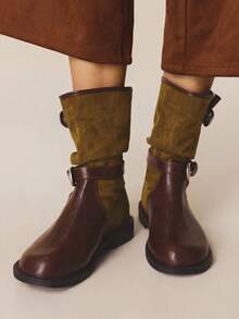 Styleloop 复古褶饰扣黑色绒面中筒靴、骑士靴、叠跟平底厚底马靴、万圣节派对鲨鱼靴、棕色靴子、西部靴、核心 - 棕色 - 查看 5