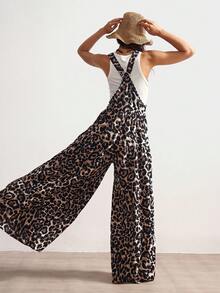 Bohemela Western Style Casual Knit Leopard Print Wide Leg Bib Pants - Multicolor - View 1