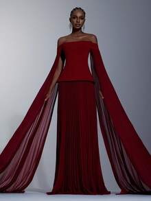 Elitara Elegant, Simple, And Stylish Burgundy, This Dress Features A Stretch Knit And Flowing Chiffon Design With Pleats, Off-The-Shoulder Neckline, Flowing Sleeves, A Full A-Line Silhouette, And A Train. Suitable For Formal Occasions, Weddings, Holidays, And Evening Gowns. - Burgundy - View 4