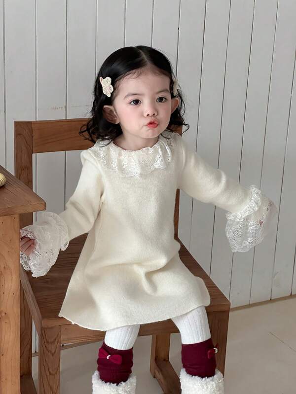 DAZY Vestido de suéter de unicolor casual de estilo coreano con cuello redondo y parches de encaje para niñas pequeñas