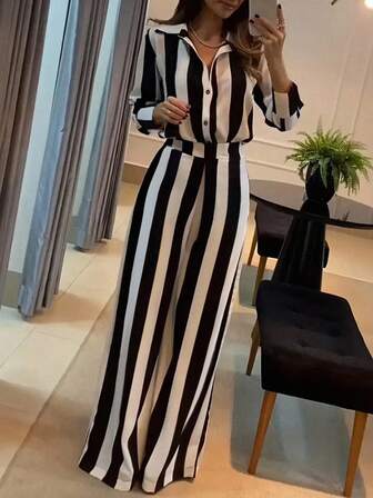 EMERY ROSE Women's French Elegant Casual Commute Back To School Black & White Striped Long Sleeve 2 Pieces Set