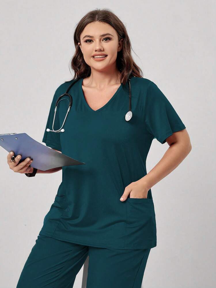 TaskEZ Plus Size Solid Color Short Sleeve Double Pocket Scrub Uniform Top - Teal Blue - View 6