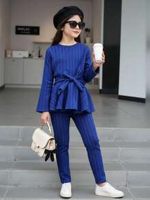 SHEIN Tween Girl Ribbed Ruffle Hem Long Sleeve Top And Pants 2Pcs Set - Royal Blue - View 7