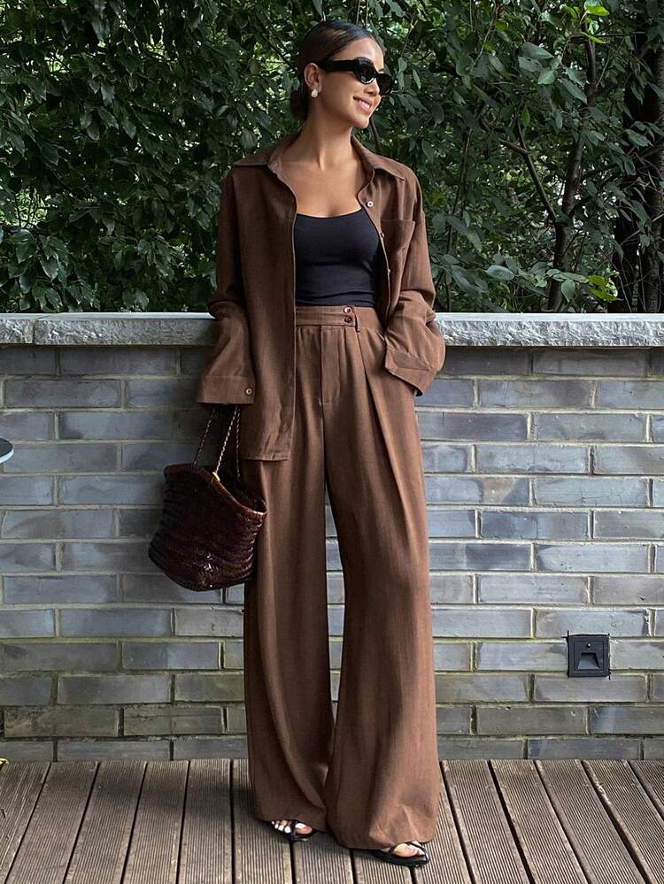 Women Loose Striped Lapel Long Sleeve Shirt And Straight Leg Pants 2 Pieces Casual Set