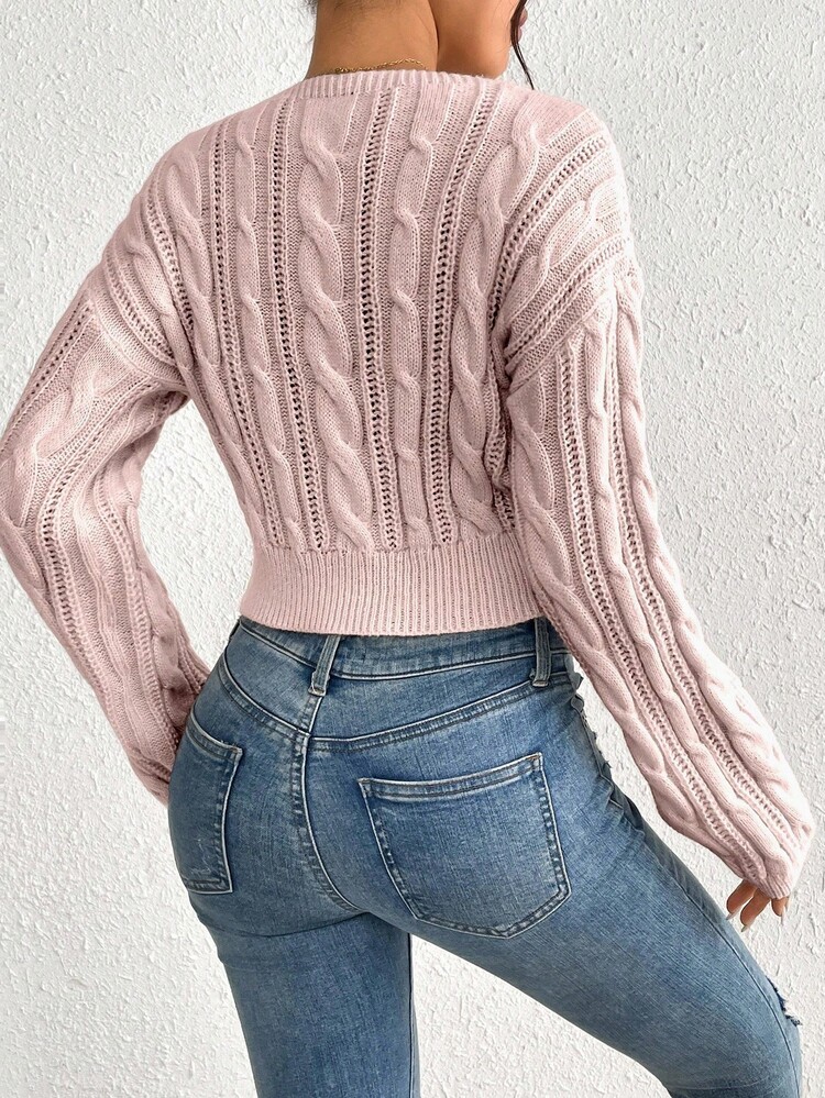 Casual Solid Color Square Neck Cropped Sweater, Autumn - Dusty Pink - View 2