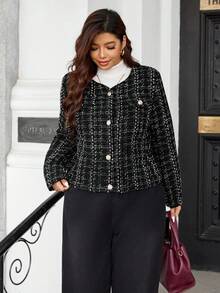 Easura Plus Size Women Plaid Long Sleeve Metal Single-Breasted Round Neck Casual Winter Jacket - Black - View 5