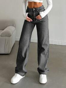 EURMUSE 100%Cotton Straight Leg Jeans Snow Wash - Grey - View 7