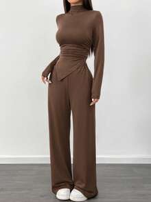 Almamuse 2pcs/Set Asymmetric Ruched Hem Long Sleeve T-Shirt And Wide Leg Pants - Brown - View 3