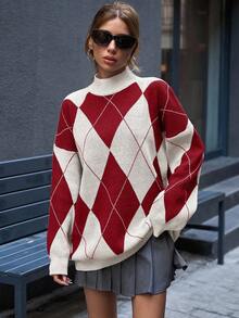 EURMUSE Women Mock Neck Diamond Pattern Drop Shoulder Pullover,Jumper,Cream Jumper,Jumpers,Christmas Jumper,White Jumper,Black Jumper,Ladies Jumper,Women's Jumpers - Burgundy - View 5