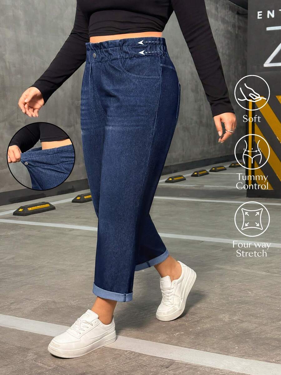 Flexra Plus Size Women's Pocketed Tapered Stretch Casual Jeans - Blue - View 1
