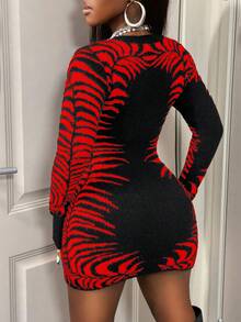 BamGleam Váy ngắn cổ tròn dài tay họa tiết jacquard đen trắng nghệ thuật mới dành cho nữ - màu đen - Xem 2