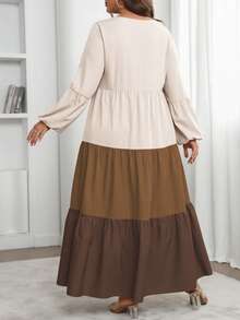 Vionelle 大码女式法式休闲优雅拼接长袖连衣裙 - 彩色 - 查看 2