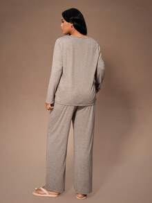 Lazeform Plus Size Solid Color V-Neck Button Decor Casual Knit Robe & Camisole Top & Pants 3 Pieces Pajama Set, Cozy Set, Winter Clothes - Grey - View 2