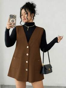 Elenzga 大码女式法式休闲优雅无袖中长连衣裙，适合通勤 - 棕色 - 查看 5