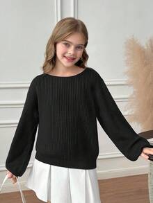 SHEIN Serisse Kids 青少年女孩純黑色長袖針織衫，露肩領口，秋冬休閒假期返校上衣 - 黑色 - 查看 5