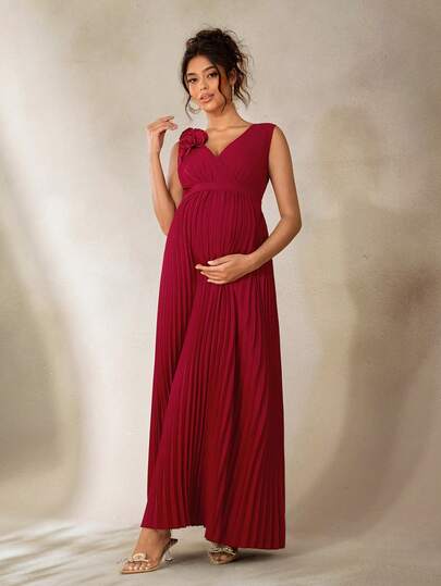 Cheriluna Maternity 纯色V领无袖3D立体花卉褶皱拼接A字裙派对/孕妇写真正式礼服/优雅派对礼服/红色礼服/花朵礼服